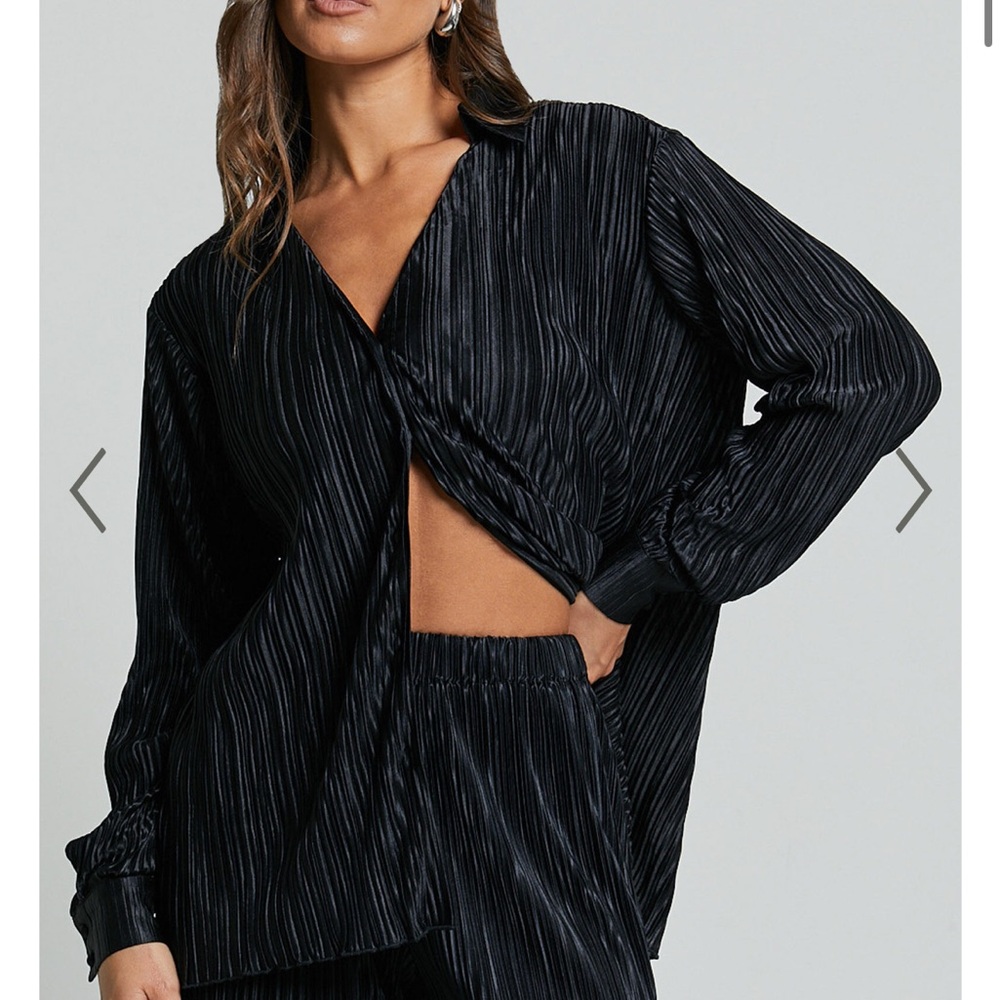 Plisse Button Up Blouse - Black - Showpo